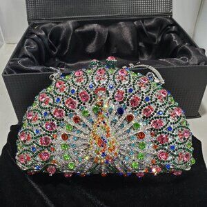 Women's Luxury multicolor rhinestone peacock evening clutch purse bag
